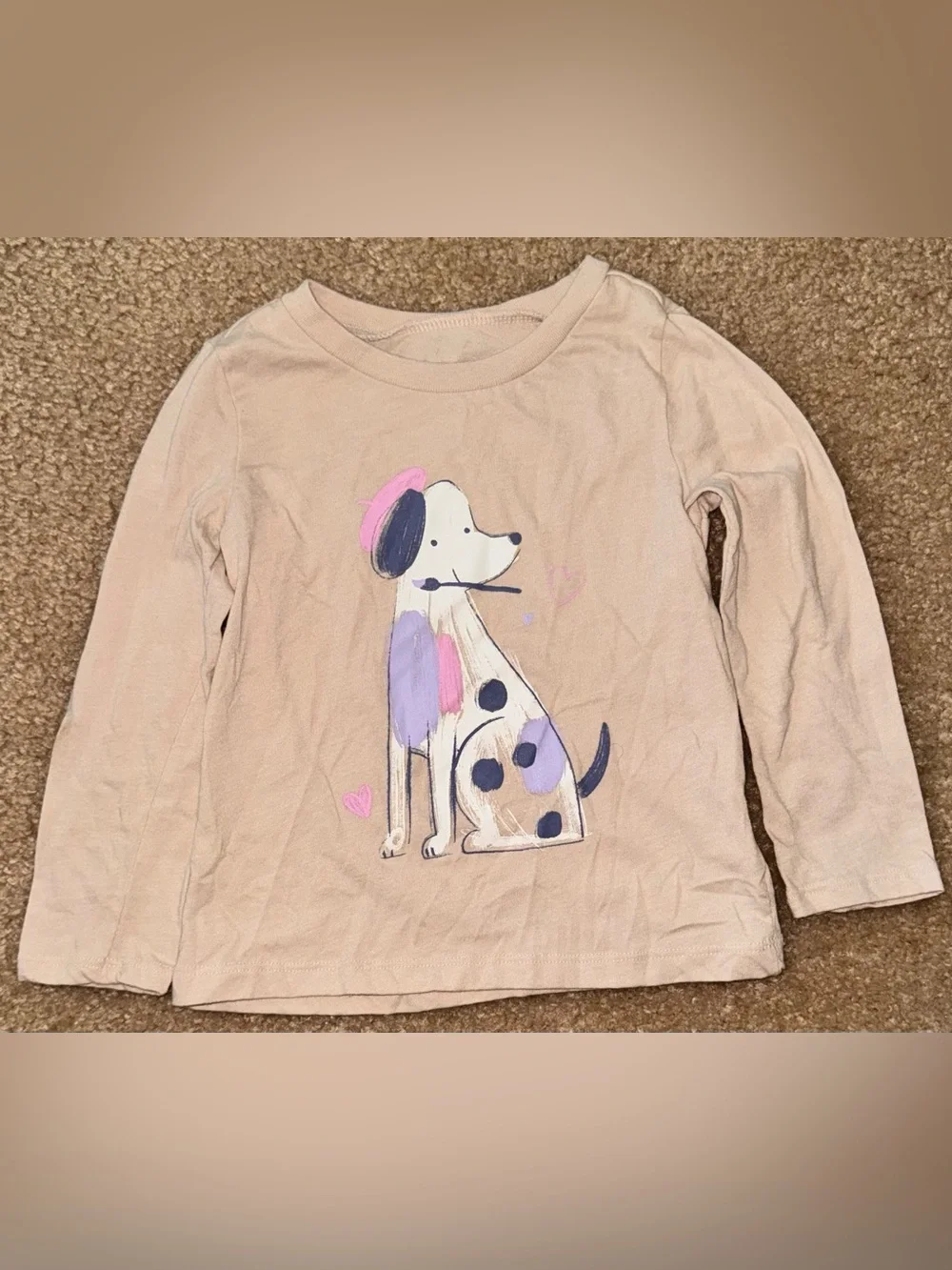 Cream Long-Sleeve Dog Graphic Tee with Pink & Purple Accents